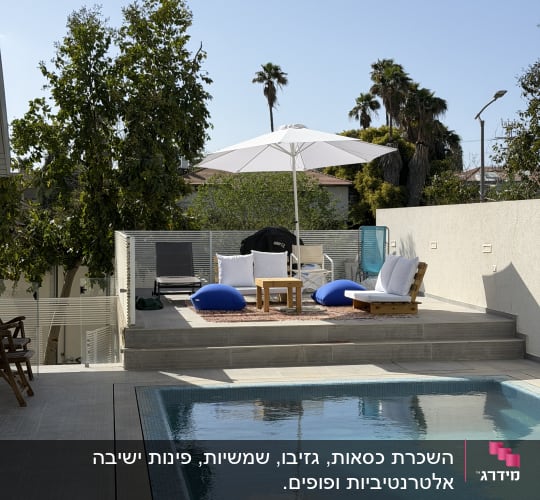 בריכה עם ריהוט גן ושמשייה לבנה